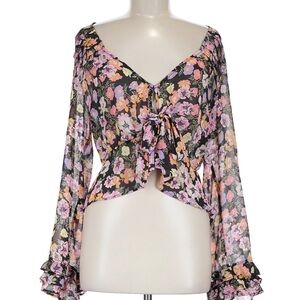 Free People Sheer Floral Tie-Front Blouse - Pink, Black & Yellow